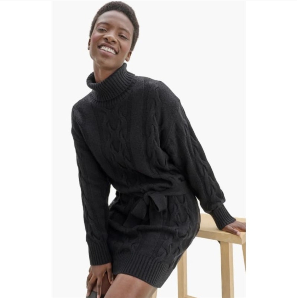SPLENDID Black Cable Knit Turtleneck Sweater Dress in Black Long Sleeve - NWT